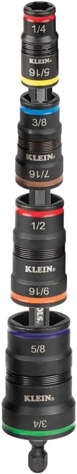 Klein Tools 32934 Impact Driver 9in1 SAE Impact Socket Set 4 Flip Sockets with 14 516 38 716 12 916 58 and 34Inch Nut Driver Sizes with Bit Holder 612Inch Shaft