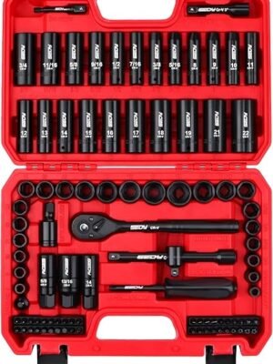 96Piece 38 Drive Impact Socket Wrench and Bit Set SAE 516”34” Metric 822mm CrV Standard Deep Sockets Power Bits Ratchet Handle Universal Joint Bit Holder Adapters Spark Plug Socket