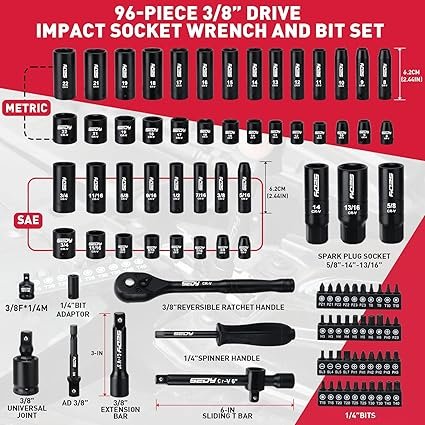 96Piece 38 Drive Impact Socket Wrench and Bit Set SAE 516”34” Metric 822mm CrV Standard Deep Sockets Power Bits Ratchet Handle Universal Joint Bit Holder Adapters Spark Plug Socket